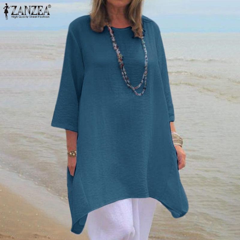 

ZANZEA Летние женские повседневные свободные длинные топы с круглым вырезом с рукавами 3/4 и нерегулярным подолом