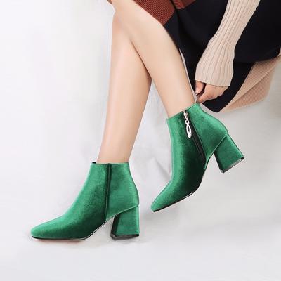 Brand Velvet Women's Ankle Boots Winter Fashion Short Boot Thick Medium Heels Short Party Shoes Large Size 48 Black Red Green