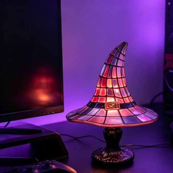 Decorative Desk Lamp Handcrafted Stained Glass Witch Hat Lamp, USB Powered Gothic Wizard Night Light, Retro Resin Accent with Purple Amber Mosaic,