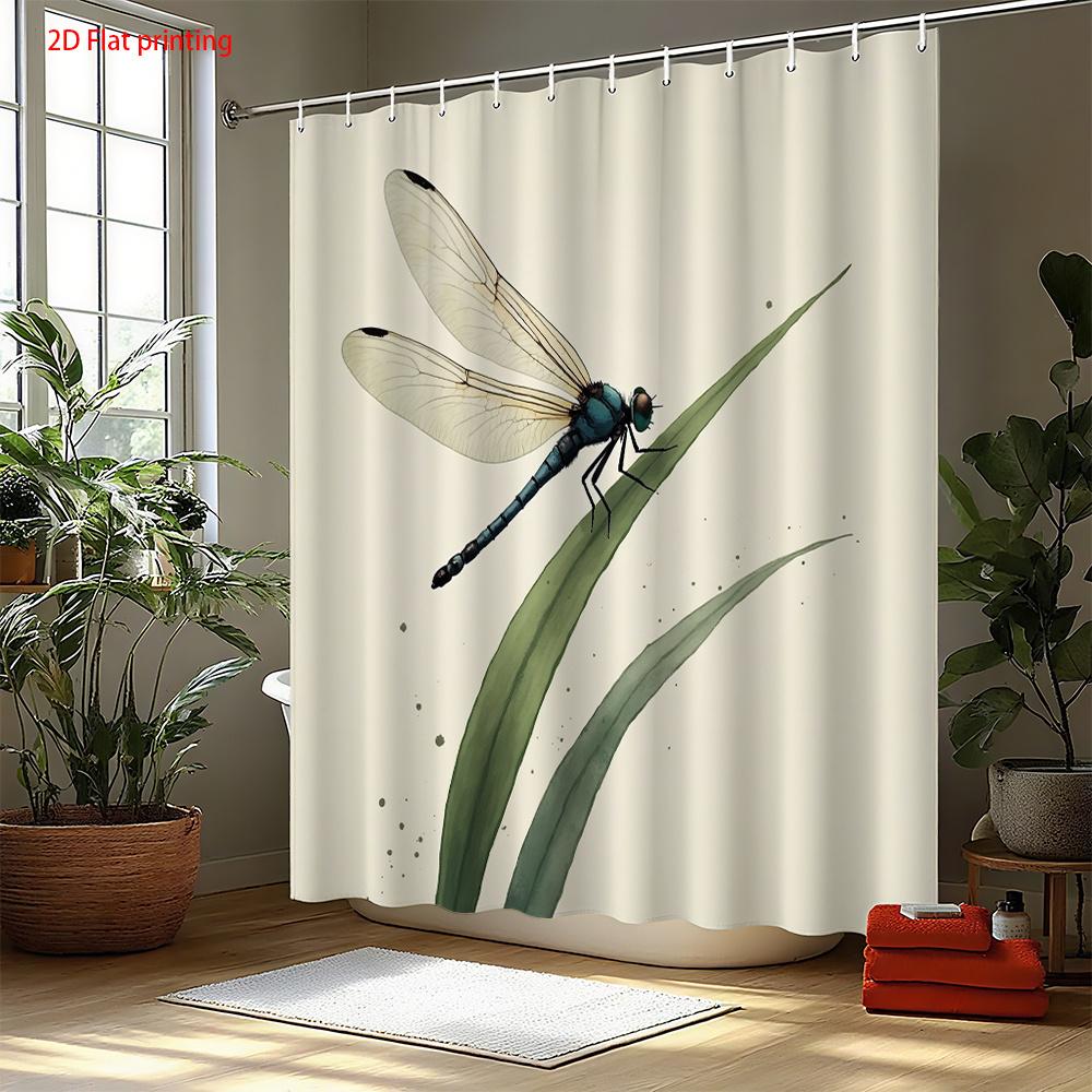 Dragonfly on Leaf Shower Curtain 1pc – Watercolor Style Blue Insect & Green Plant, Nature Art for Zen Bathroom Decor