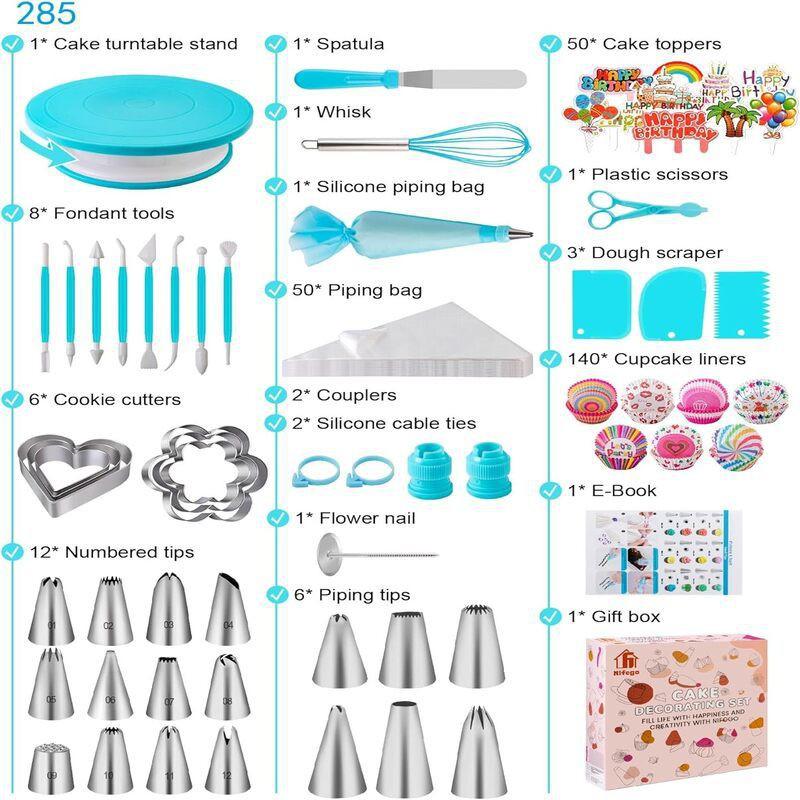 285-Piece Cake Decorating Kit With Rotating Turntable Piping Tips Disposable Bags Home Bakery Pastry Art