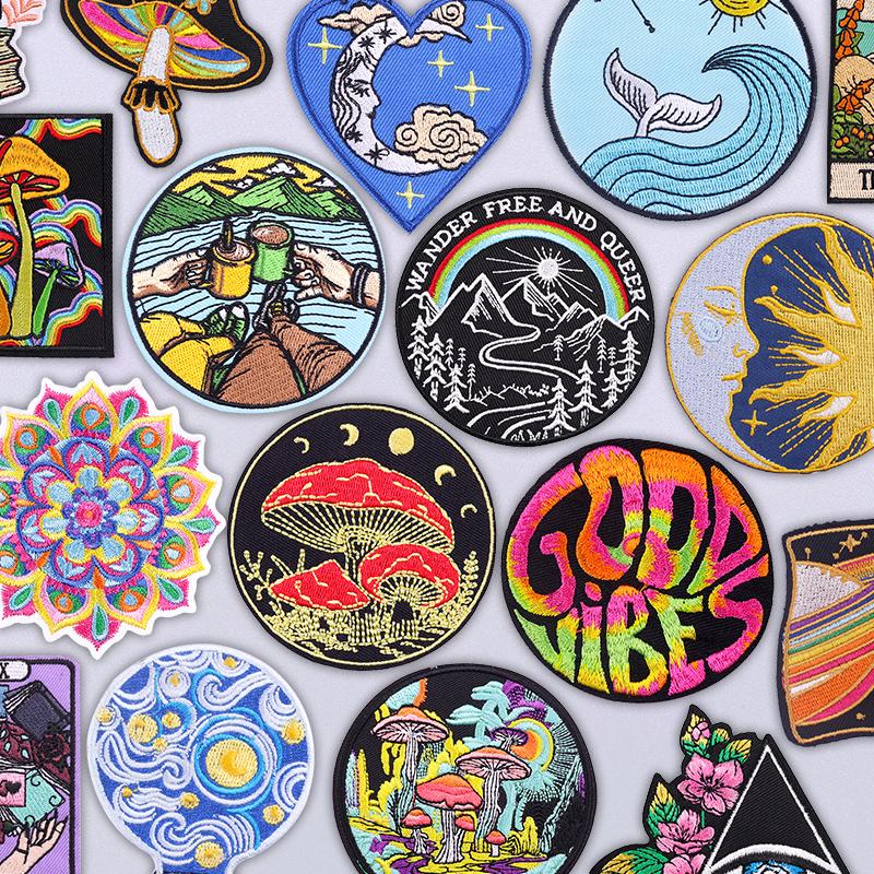 Mushroom Embroidered Tactical Patch Good Vibes Embroidery Ironing Patches Outdoor Mountain Iron On Patches For Clothing Applique