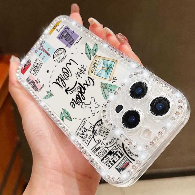 Airplane Travel Label Diamond Case For iPhone 16 Pro Max Coque iPhone 11 12 13 14 15 17 Pro Max 16E 17 Air Clear TPU Soft Cover