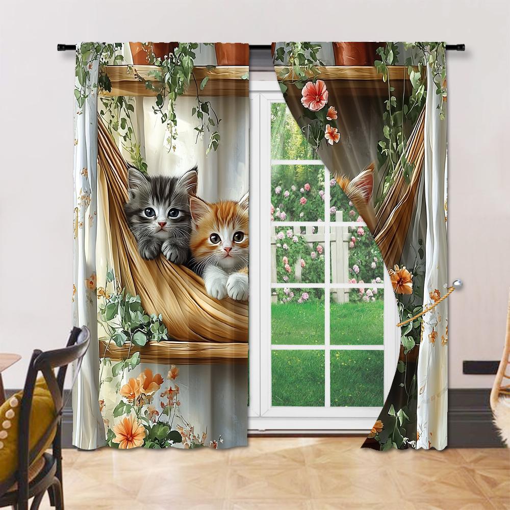 Versatile Polyester Transparent Curtains Home Decoration Fun Animal Cat Use Bedrooms Living Rooms Curtain Set Of 2 Made Washable Room Ready