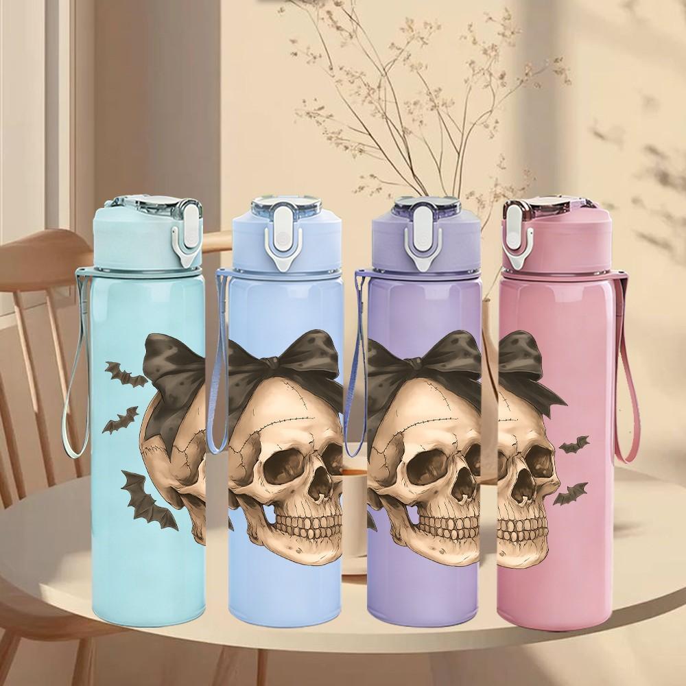 1PC Bow Decor Vintage Skull 750ml Color Plastic Sports Water Bottle Leakproof Flip Straw Lid Suitable for Sports Office Home Use