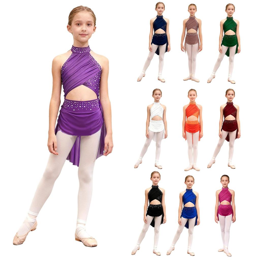 Kids Girls Modern Lyrical Dance Dress Ballet Figure Skating Gymnastics Leotard Bodysuit Costume Strappy Back Latin Jazz Dress