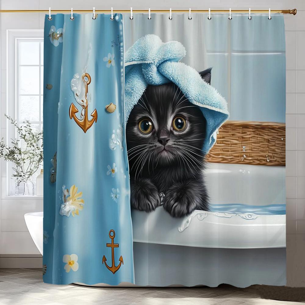 Funny Shower Curtain Cute Sea Cat Riding Shark Whale Cartoon Animal Creativity Kids Bathroom Decor Polyester Fabric Cloth Hooks