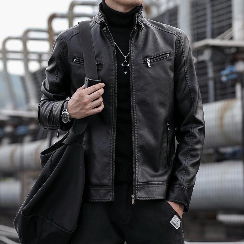 Nová PU kožená bunda Pánské korejské ležérní Pánské stojací límec úzkého střihu Motocyklová kožená bunda PU bunda pro mladé muže