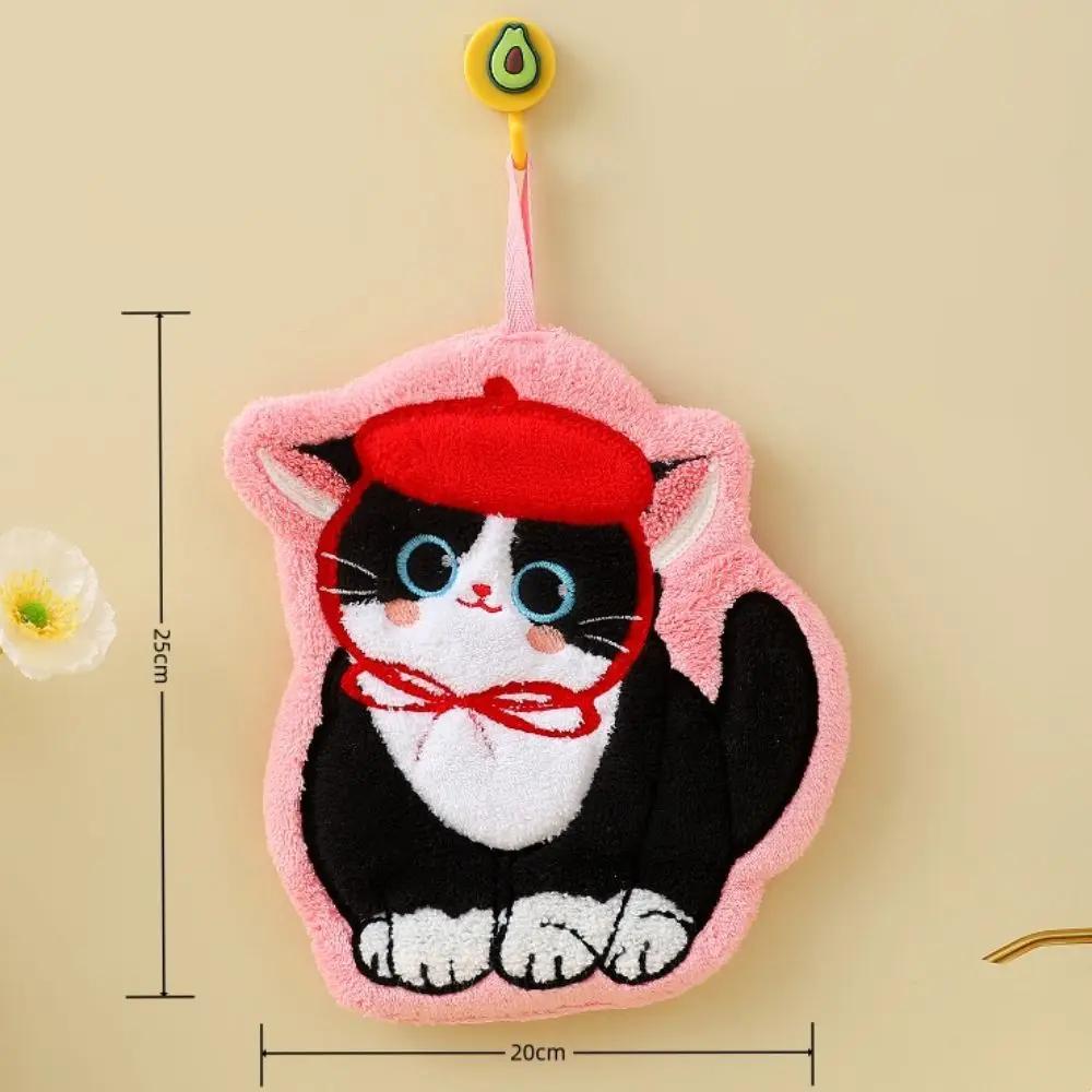 Durable Cute Cat Hand Towel Soft Coral Fleece Bathroom Kerchief Hanging Style Thickened Washcloth