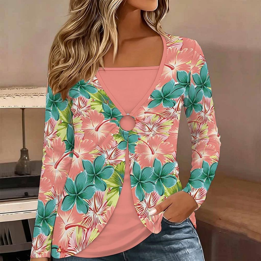 Tops for Women Flower Print Long Sleeve Fake Two‑Piece Top Fall Casual Slim Pullover Women's Long Sleeve Top