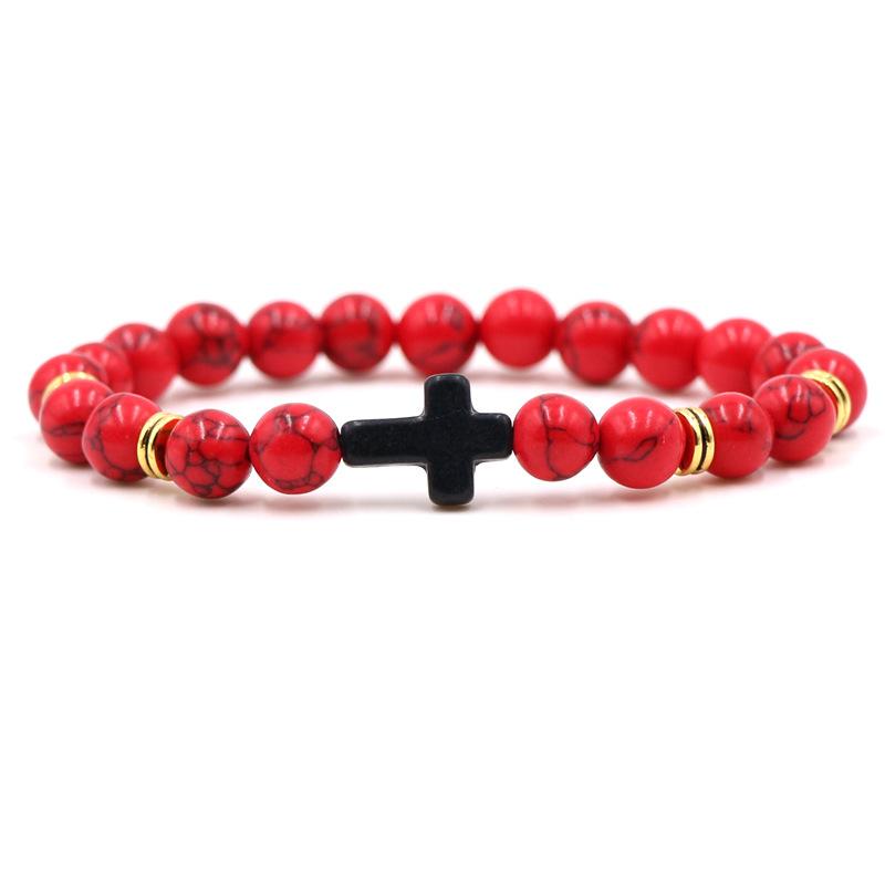 

Шарм Браслет з натурального каменю Хрест Чорна лава Матові браслети з бісеру ручної роботи Чоловіки Жінки Молитва Фітнес Ланцюжок Подарунок для пари Ювелірні вироби