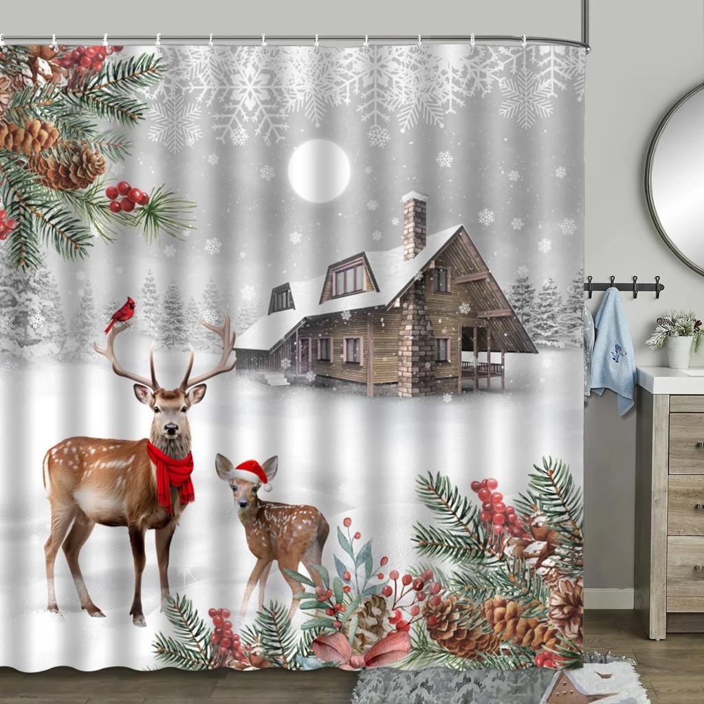 unframed Christmas Shower Curtain, Winter Farm Barn Snowman Animal Moose Berry Christmas Tree Snow Scene Red Bird Bathroom Dec