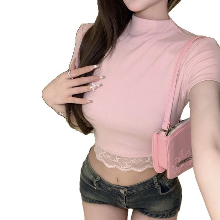 Women's Summer Pure Sexy Lace Short Sleeve T-Shirt Slim Fit Design Spice Girl Semi-turtleneck Button Top