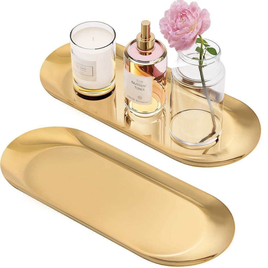 HASTHIP ® 2Pcs Enlarged Golden Rectangular Trays Stainless Steel Bathroom Tray