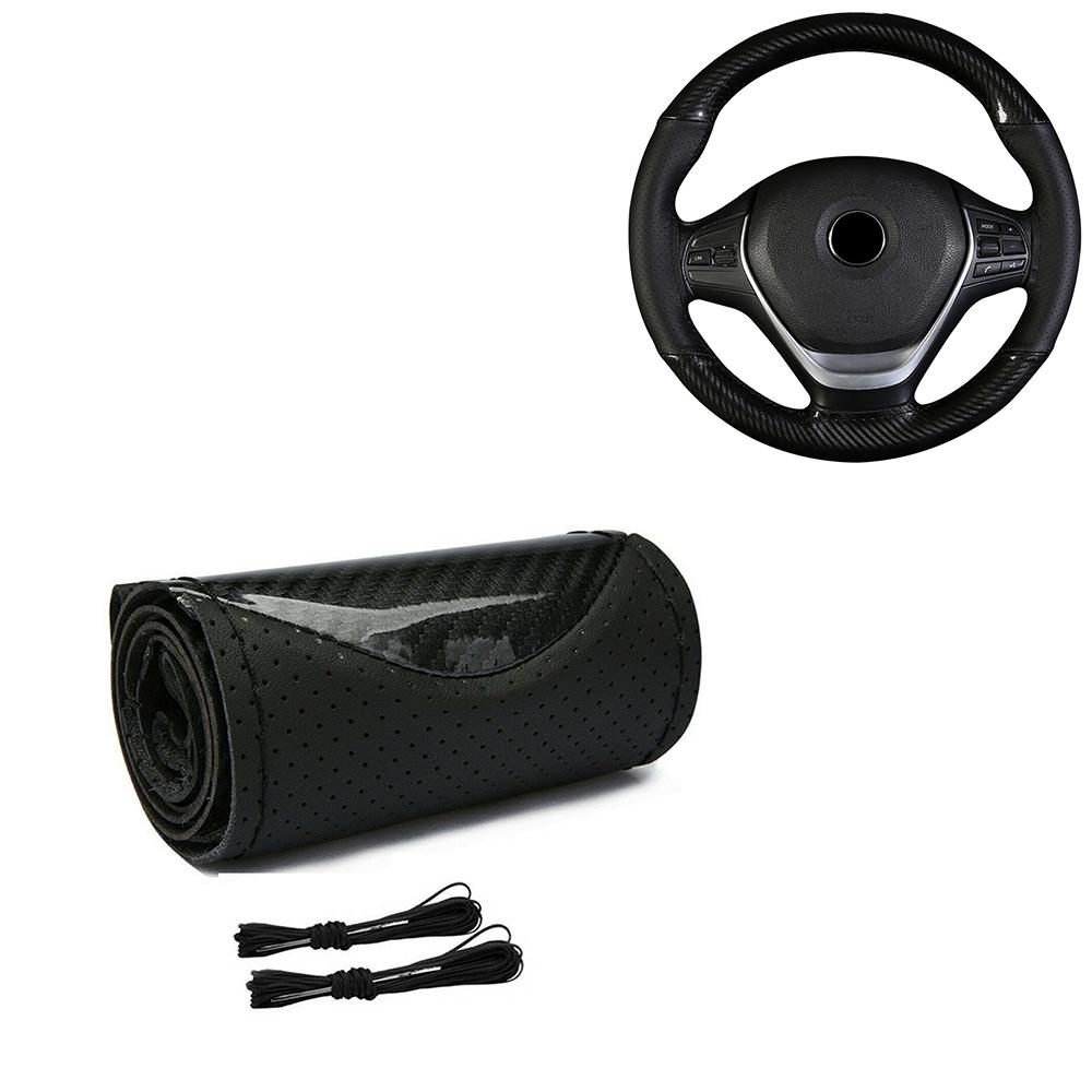 

38cm DIY Hand Sewing Car Steering Wheel Cover Trim Black Carbon Fiber PU Leather