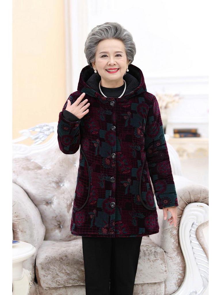 Grandma's Velvet-Lined Corduroy Hooded Winter Coat for Elderly Women