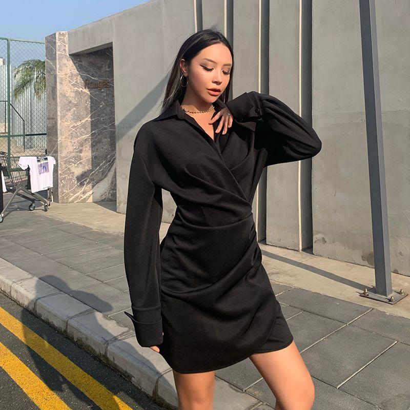

European and American Sexy Long sleeve Irregular Dress Women Autumn and Winter New Gyaru Pleat Slimming Temperament Black Hip Skirt Black L