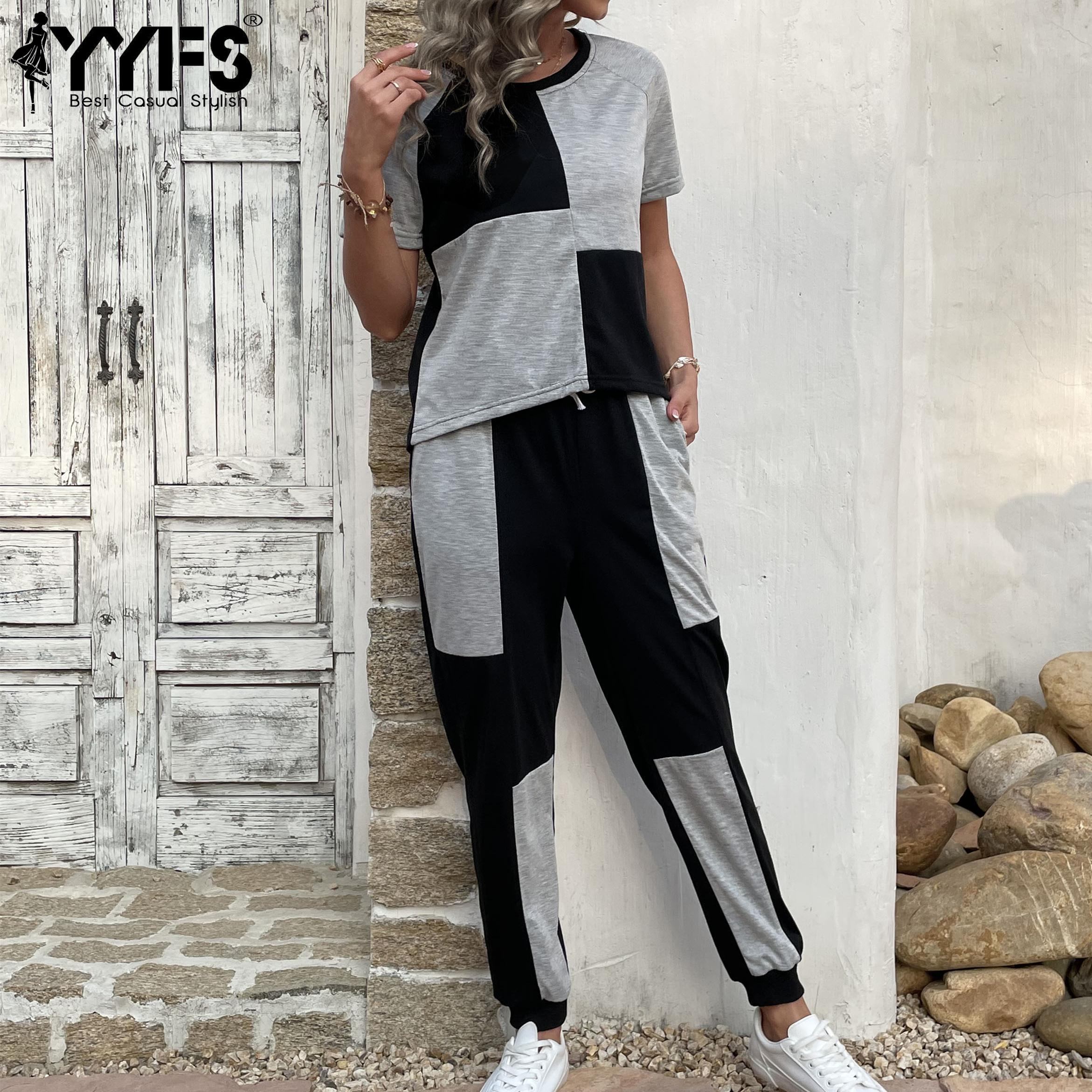 

YYFS женские модные повседневные брючные костюмы с короткими рукавами и круглым вырезом S чёрный