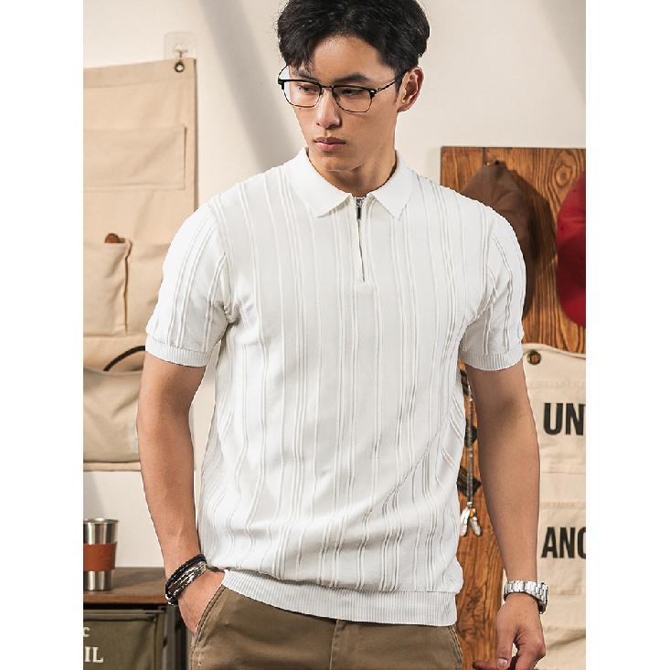 Short Sleeve Polo Shirt Men Summer Thin High-end Feel Ribbed Ice Silk Half-zip Turn-down Collar Slim Fit Knitted T-shirt