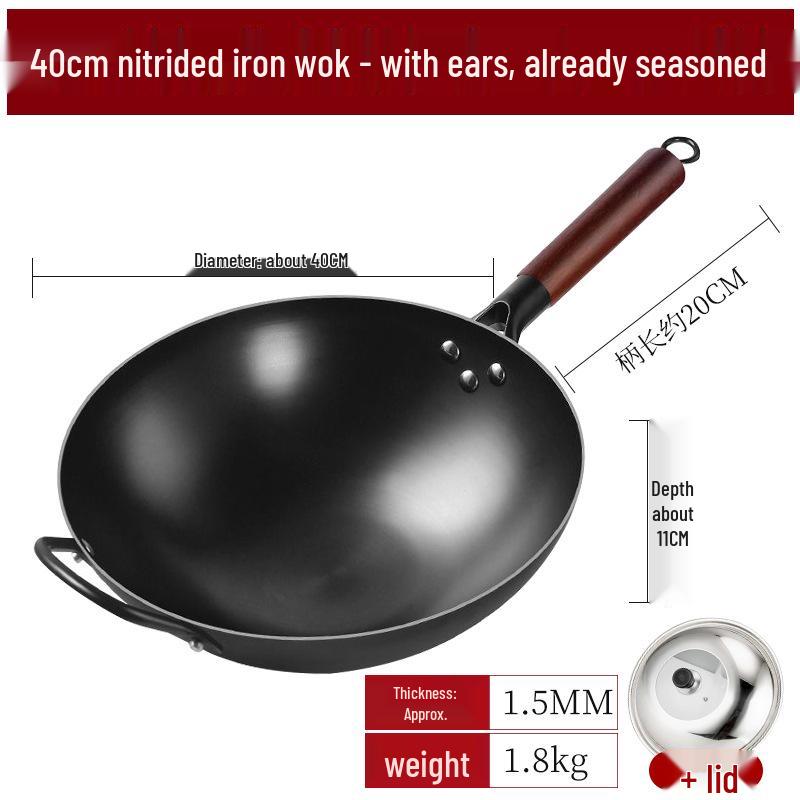 Nitrided Iron Non-Stick Rust-Proof Wok - Forged, No Coating, Round Bottom.