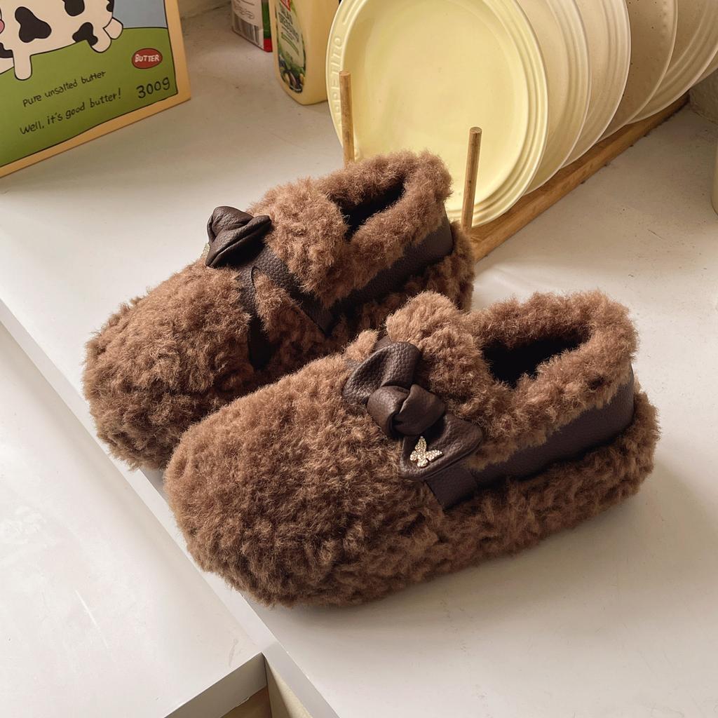 Bow-tie fluffy shoes for women's outer wear 2025 winter new Korean version velvet warm one-pedal Doudou shoes women's shoes cotton shoes