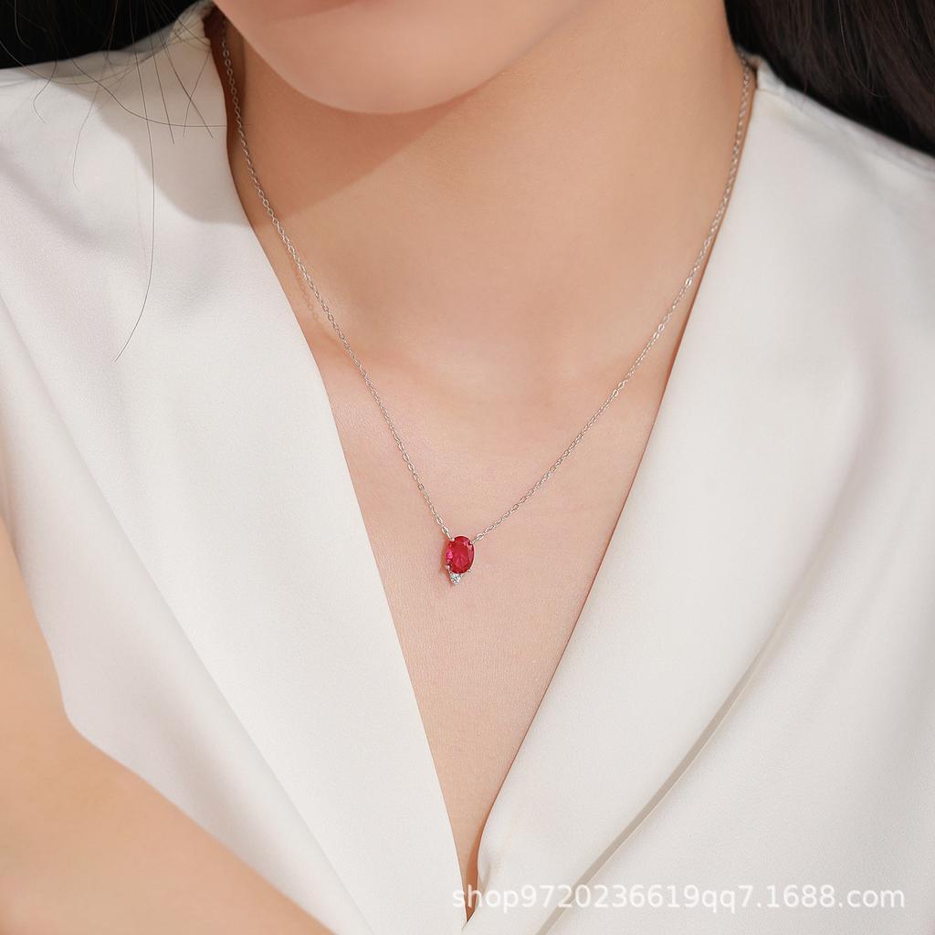 Simple Fashion Geometric Oval Zircon Clavicle Chain 925 Sterling Silver Simulated Ruby Pendant Necklace for Wedding Parties