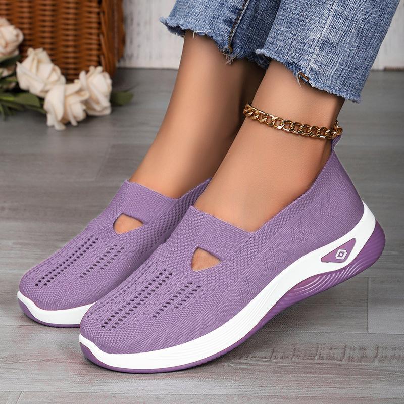 Women's Comfortable Breathable Knitted Sneakers Walking Soft Cut-Out Shoes for Women Office Work Platform Flats Slip On Tennis Shoes Casual Loafers