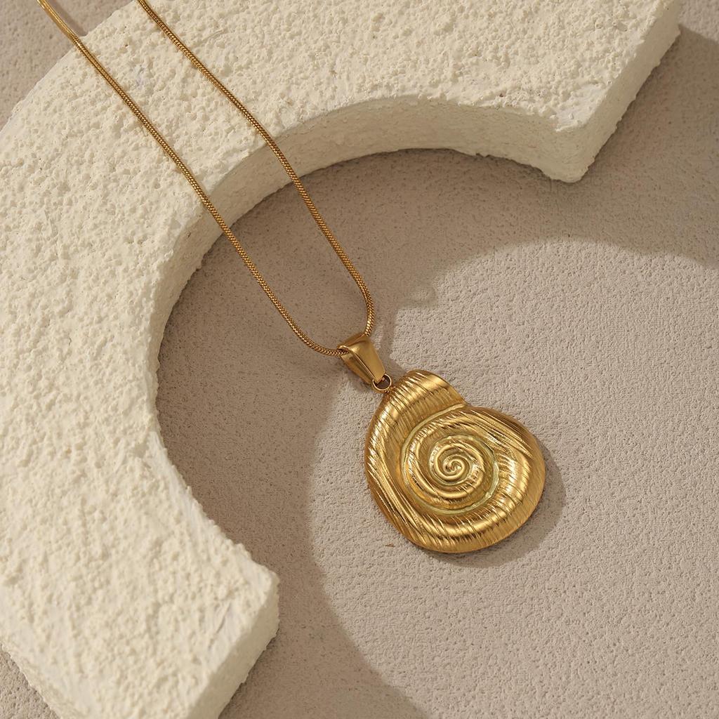 304L Stainless Steel Spiral Conch Pendant Necklace, Gold Ocean Style