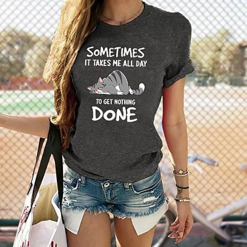 Dámské tričko Tričko Černobílé Růžové Kočičí potisk Krátký rukáv Denní Svátek Basic Kulatý výstřih Regular Fit Cat