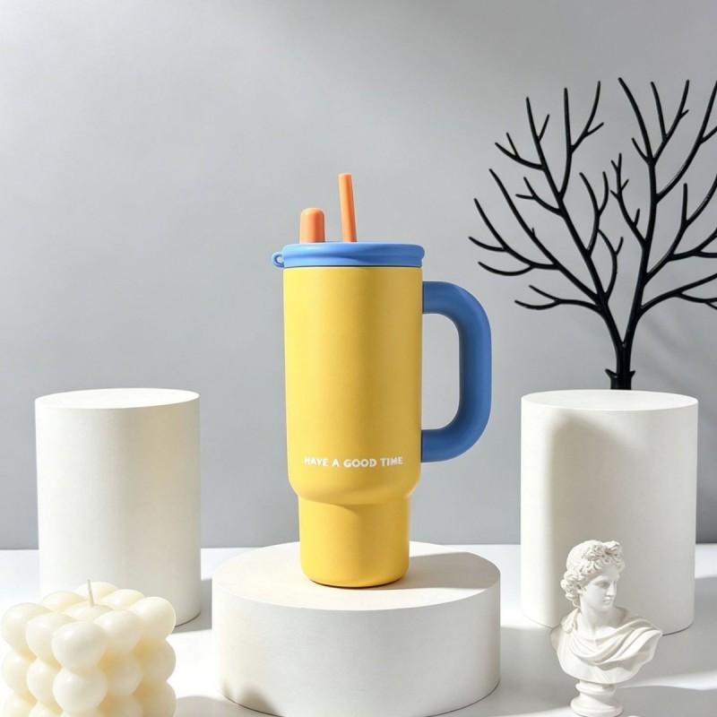 700ml Portable Stainless Steel Travel Mug With Handle Straw Lid Car Office Outdoor Use