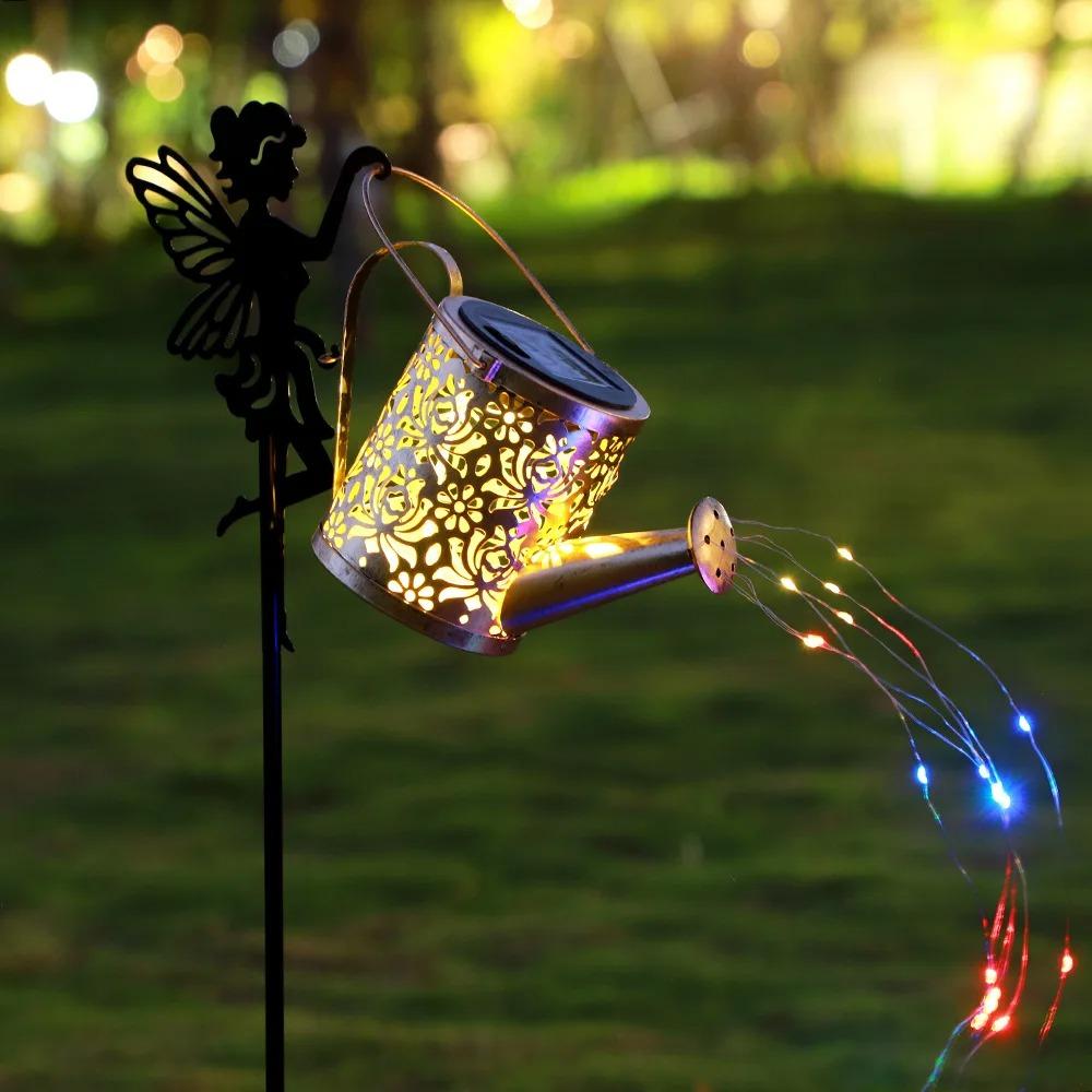 Solar-Powered Iron Art Flower Fairy Lawn Lamp Outdoor Waterproof Garden Kettle Hollow Rojection Light for Decorative Outdoor Use