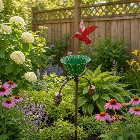 Outdoor Bird Feeder, Bird Baths for Outside, Metal Flower Garden Stakes Bird Bath, Hummingbird