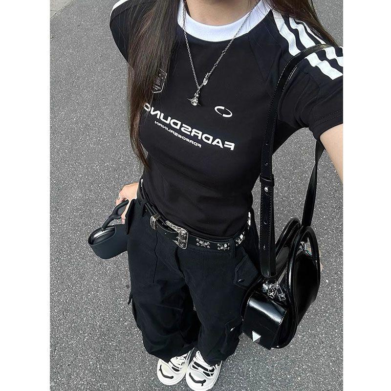 

Trendy American Retro Three Bars Black Short-Sleeved T-shirt Female Silm Stylish Niche Style Slim Fit Versatile Top Summer Black M