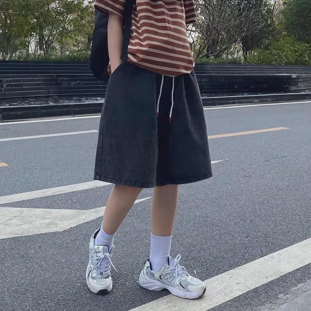 Men's Summer Elastic Waist Denim Shorts - Trendy Loose-Fit Hong Kong Style for Couples, Large Size Available