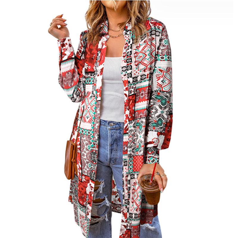 

Женская модная повседневная куртка-кардиган средней длины с цветочным принтом, пальто