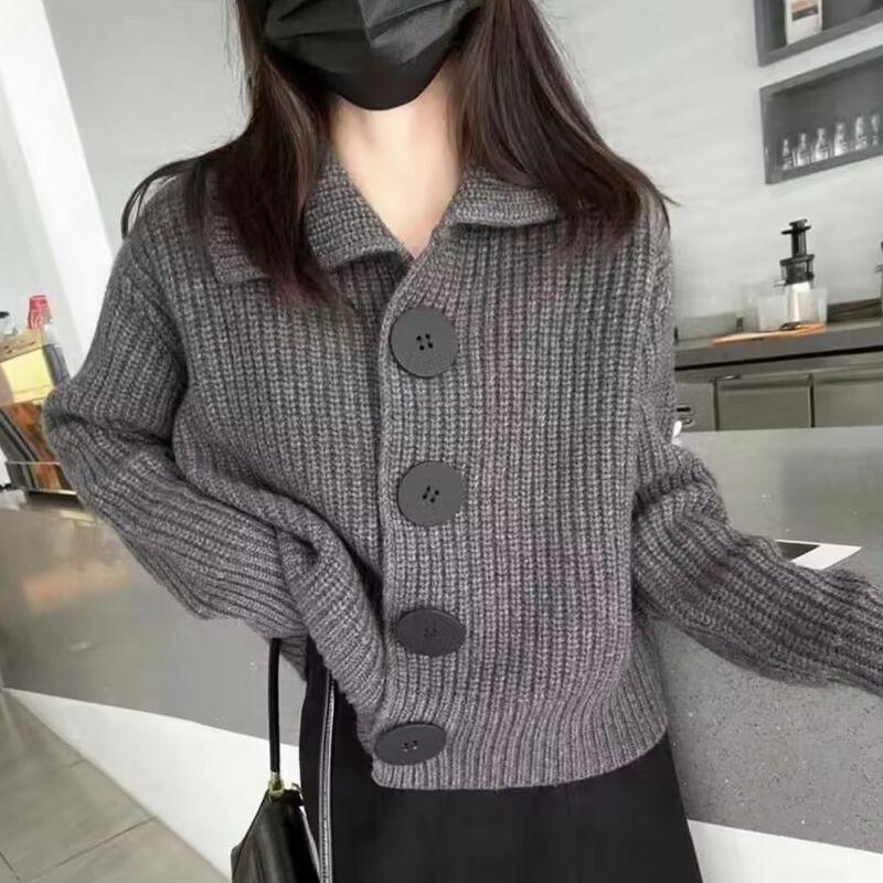 

Women s Solid Color Cardigan Long Sleeved Big Button Lapel Knitted Sweaters Woman Autumn Front Open Warm Fashion Top XL