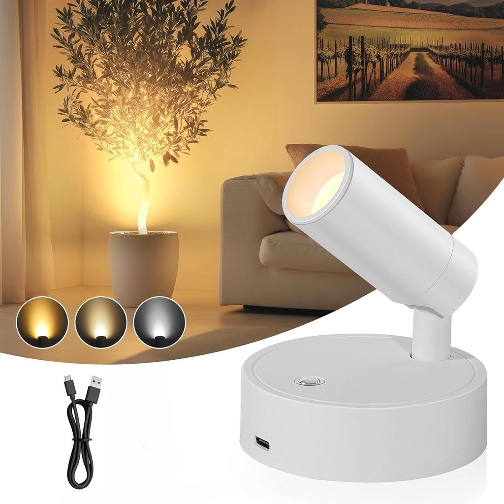 Rechargeable Powered 350°Adjustable Angle Spotlight Uplight Light Three-color Adjustable Touch Switch Control for Indoor Wall