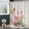 Vintage Floral Pink Letter Shower Curtain - 100% Polyester, Machine Washable, Grommet Top, Includes Hooks, All-Season,Bath Decor