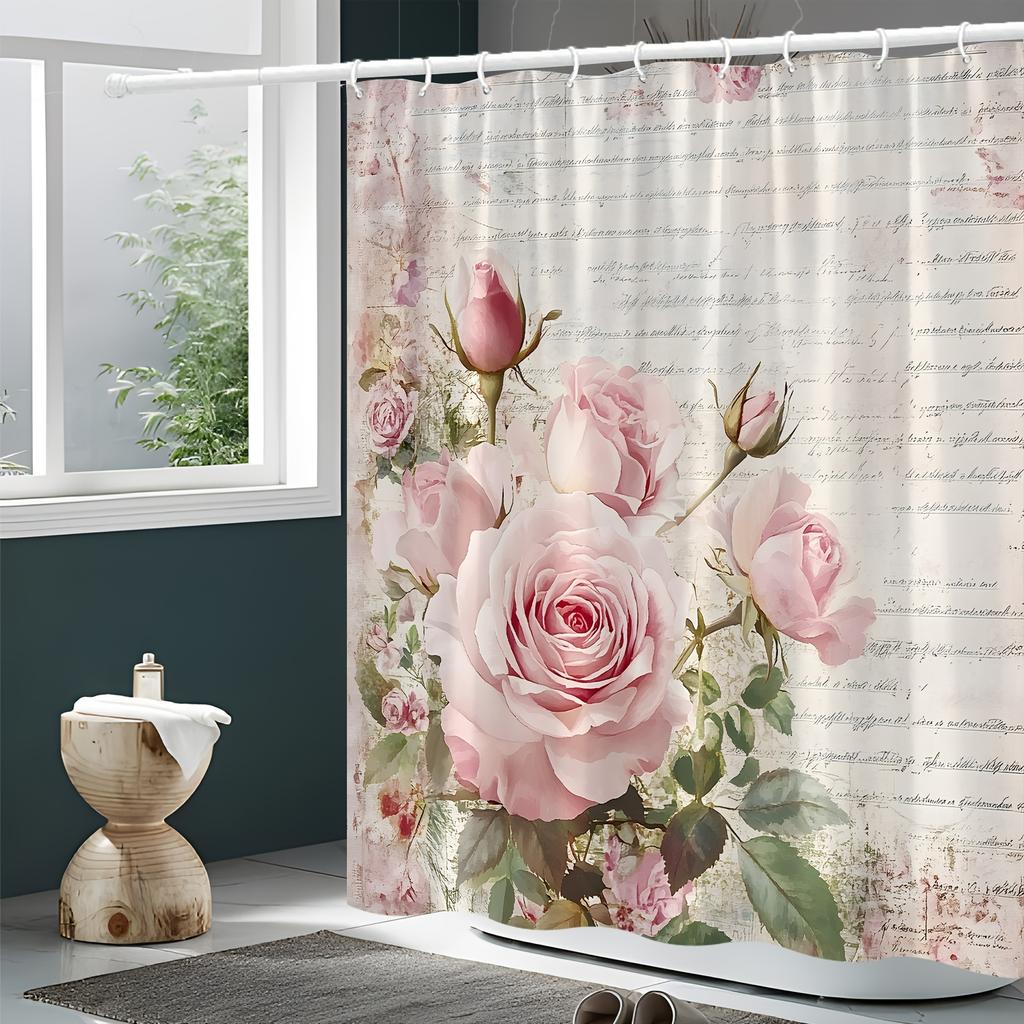 Vintage Floral Pink Letter Shower Curtain - 100% Polyester, Machine Washable, Grommet Top, Includes Hooks, All-Season,Bath Decor