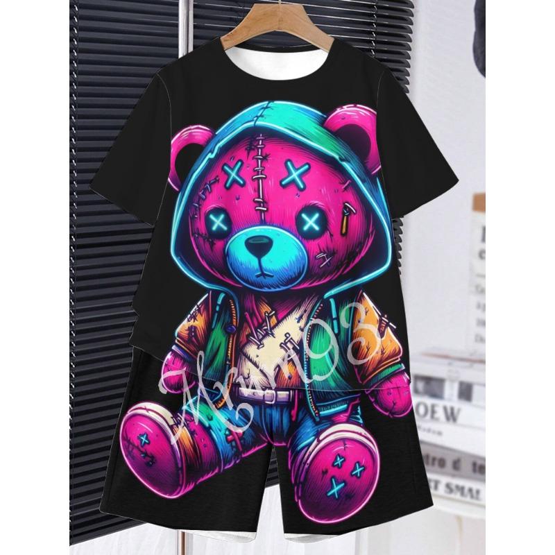 Anime Trend Bear Print Short Sleeve T-shirt Shorts 2 Summer Men's Fashion Street Short Sleeve Suit Heat Insulation Anti-wrinkle