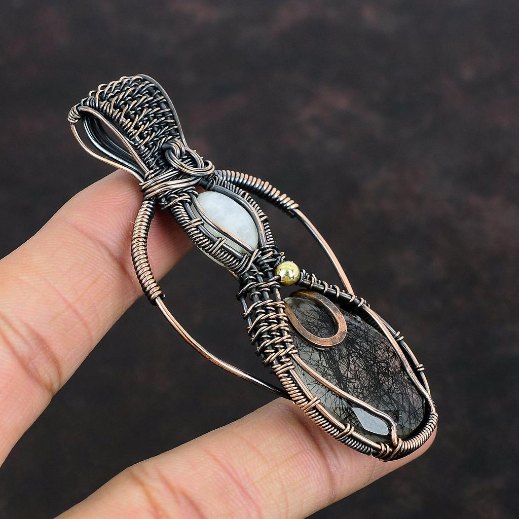Faceted Black Rutile Gemstone Pendant Copper Wire Wrapped Pendant Rainbow Moonstone Pendant Gifts For Mother Copper Jewelry Handmade Pendant