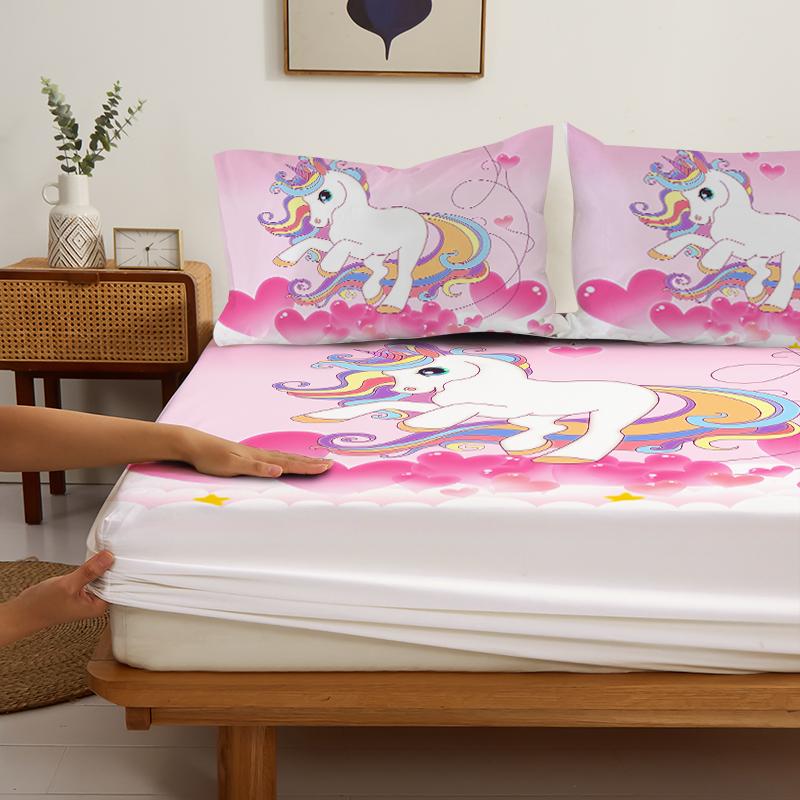 3PC Love Unicorn Powder Bed Sheet 100% Polyester Unicorn Pattern Cute 1 Bed Sheet 2 Pillowcases No Pillow Core Four Seasons