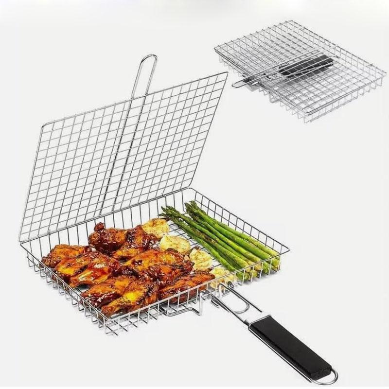 Large Capacity Flat BBQ Grill Basket Mesh Cage Grill With Secure Locking Handle