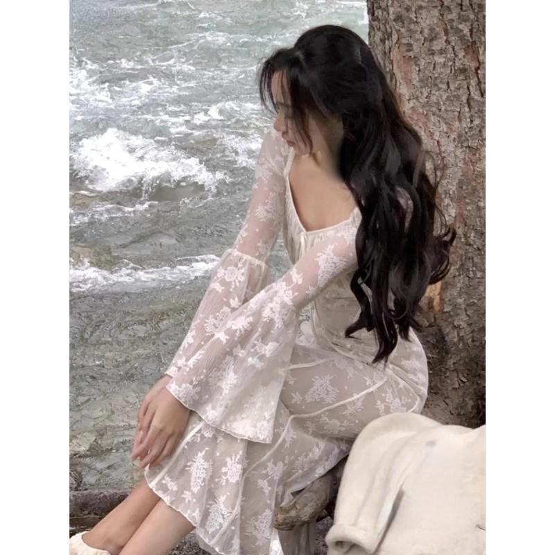 Spring Summer Elegant Mermaid Long Dress Fashion Slim Flare Sleeve Wedding Runway Party Lace Vestidos Women Vintage Clothing