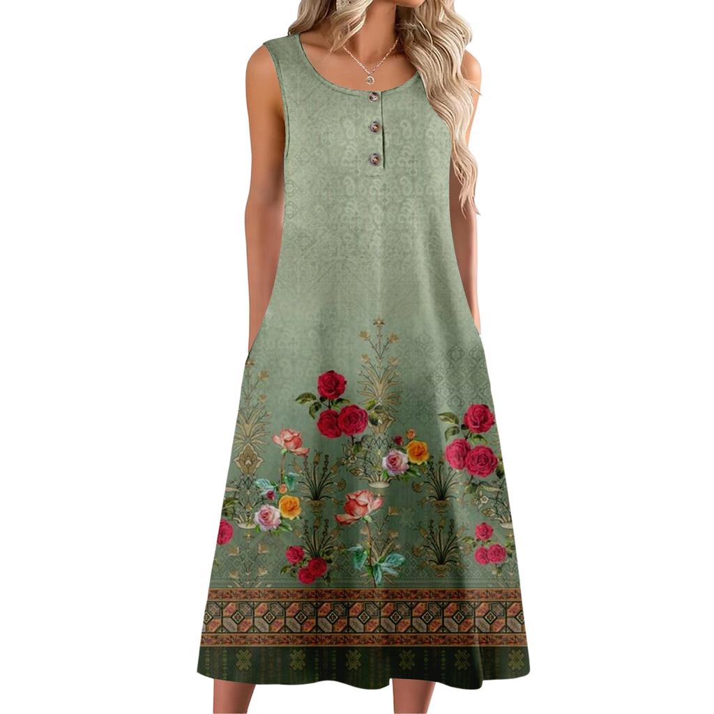Women's Fashion Casual Sleeveless Button Floral Print Dress with Pocket