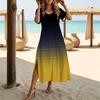 Women Fashion Round Neck Dazzling Dyeing Splicing Geometry Printed Short Sleeve Side Slit Dress Casual Vacation Dress Long Loose Dress