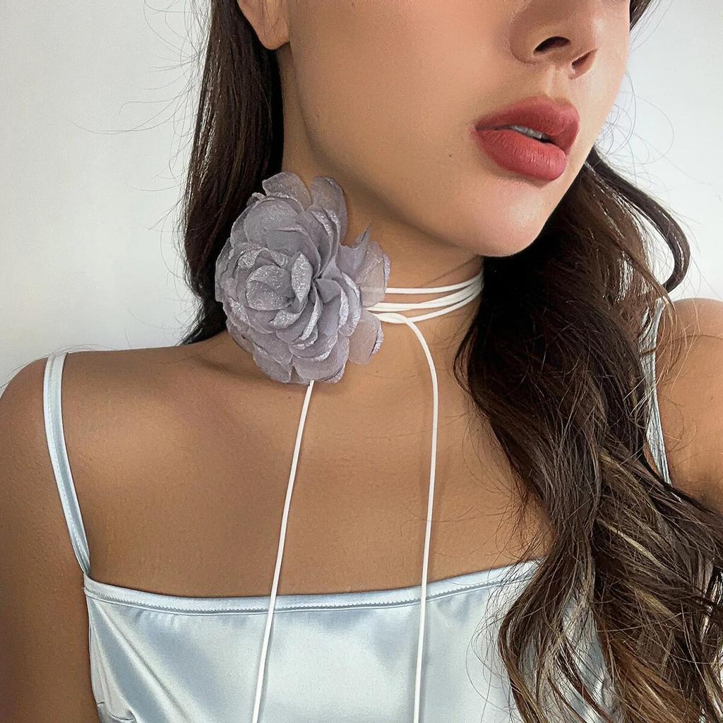 Exaggerated Elegant Big Rose Flower Clavicle Chain Necklace for Women Kpop Sexy Romantic Adjustable Rope Choker Y2K Accessories