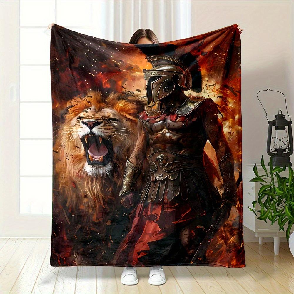 

Cozy Flannel Throw Blanket with Majestic Lion & Spartan Warrior Design - Soft, Warm, and Versatile for Couch, Bed, Camping - Eas 70x100cm