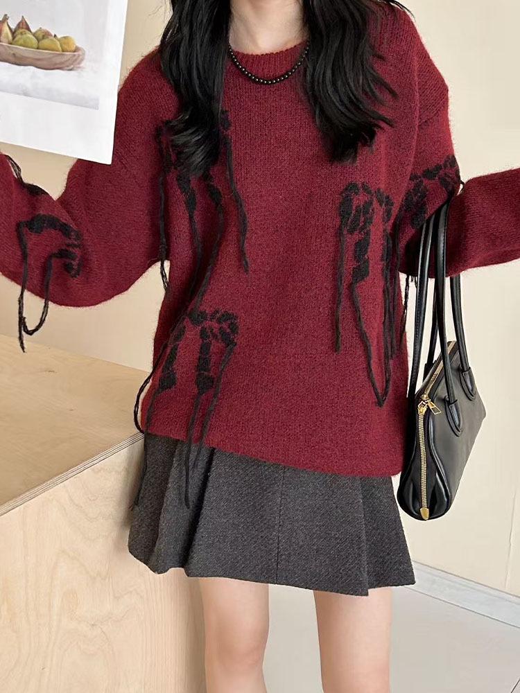 2025 Autumn/Winter Women's Loose Knit Bow Sweater with Round Neck
