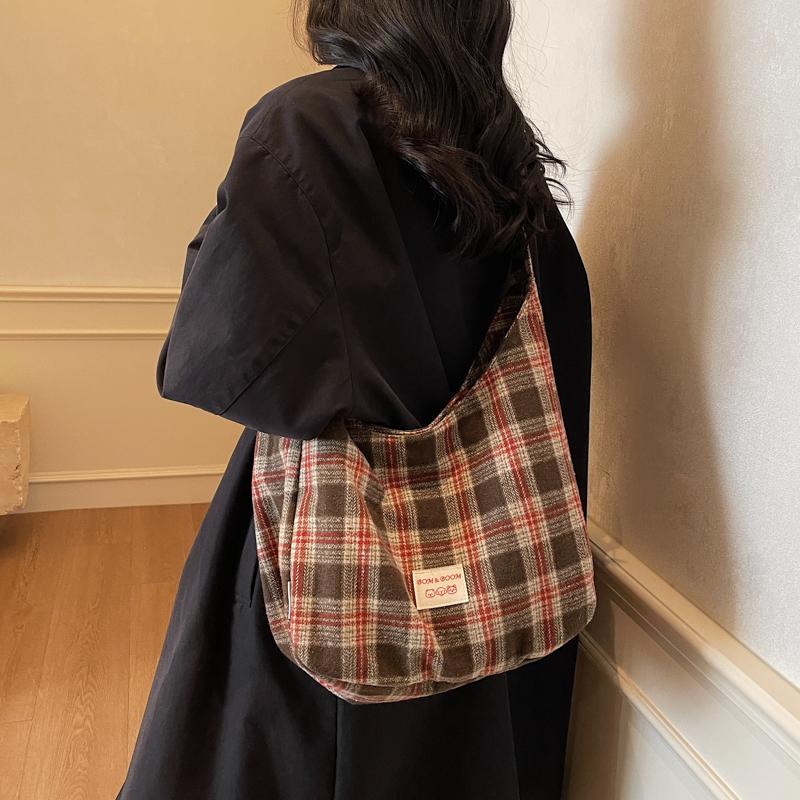 Vintage Plaid Handbag Lightweight Large Capacity Commuter Shoulder Bag